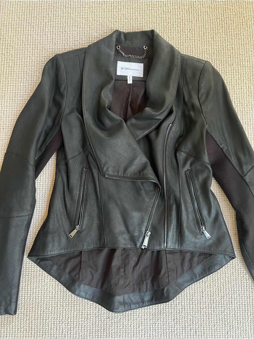 BCBGeneration Black Leather Asymmetrical Draped Collar Jacket